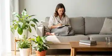 Intentional Living: Design Your Life for Fulfillment in 2026 Woman journaling in a peaceful, sunlit living room, reflecting on intentional living.