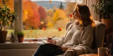 Woman reflecting by window with journal, autumn leaves outside
