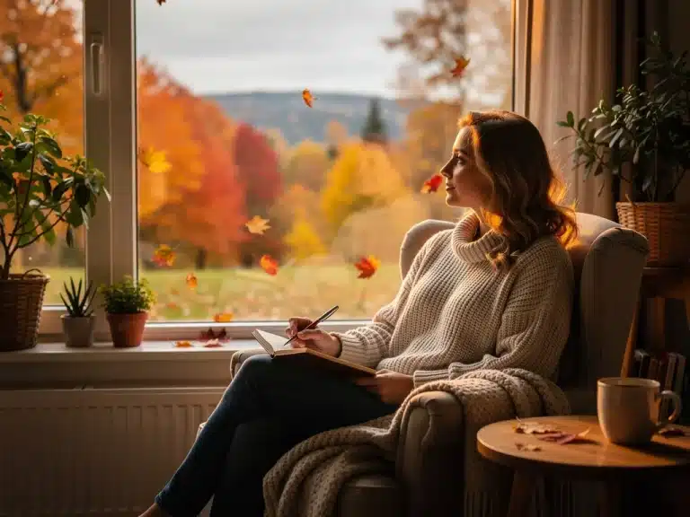 Woman reflecting by window with journal, autumn leaves outside