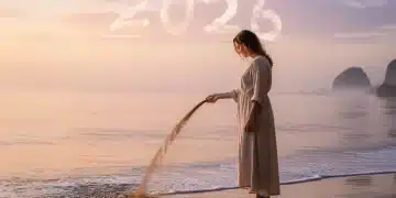 Woman releasing sand on a beach at sunrise, symbolizing letting go for personal growth by 2026