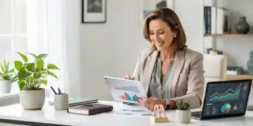 Woman over 40 reviewing diversified investment portfolio on tablet, symbolizing financial planning and growth.