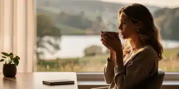 Woman finding peace in solitude, reflecting by a window with nature view