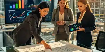 Professional women analyzing real estate blueprints and financial data for investment