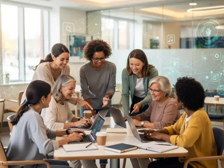 Diverse women accessing broadband, symbolizing digital inclusion and empowerment