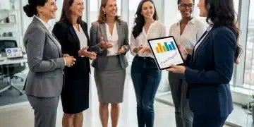 Professional women discussing new gender pay gap legislation in a modern office