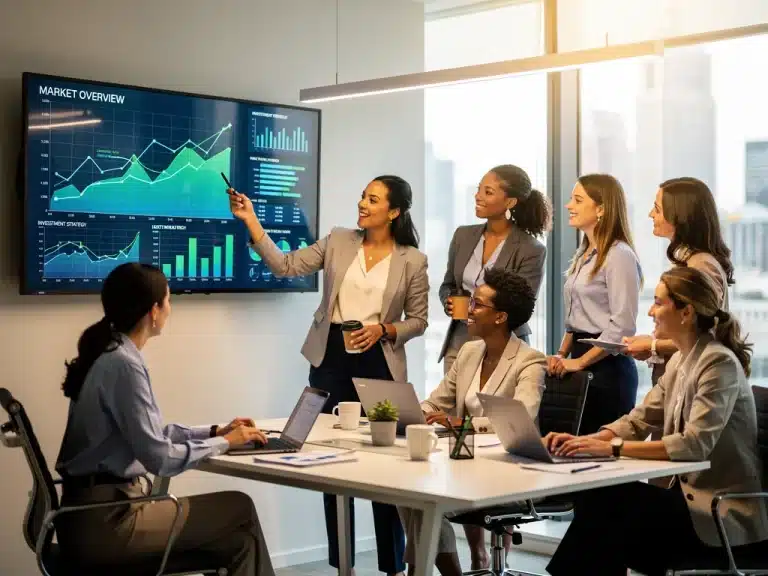 Professional women discussing financial charts and investment strategies in 2026