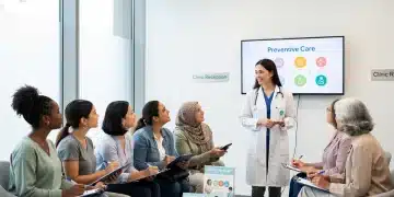 Women discussing healthcare with a doctor in a clinic