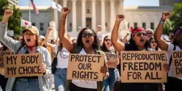 Reproductive Rights in 2026: Legal Challenges and Impact on US Women Women protesting for reproductive rights outside a government building, advocating for bodily autonomy