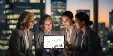 Women discussing retirement planning amidst financial charts