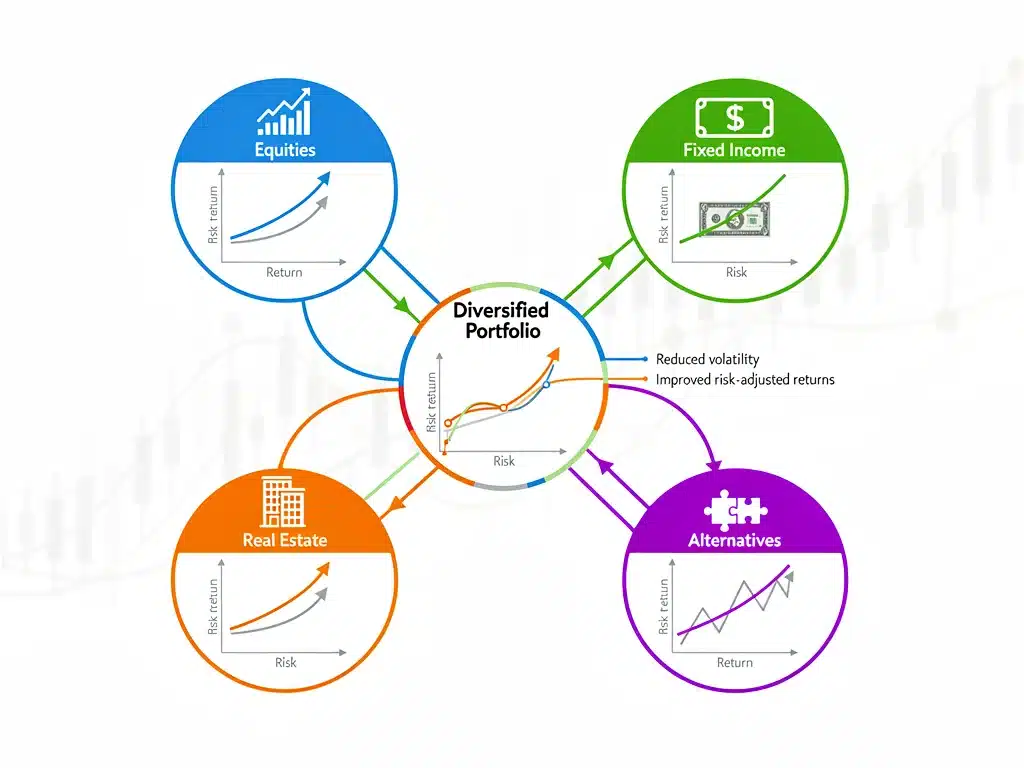 Infographic illustrating various asset classes and their role in portfolio diversification.