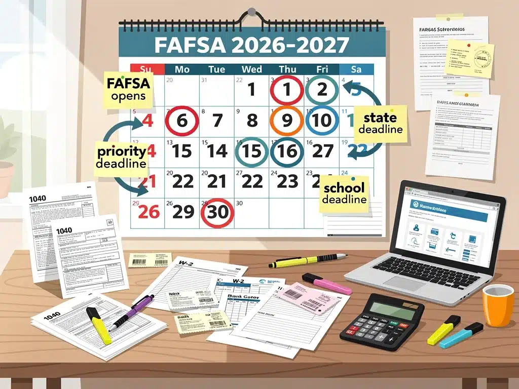 Calendar with FAFSA deadlines and financial documents