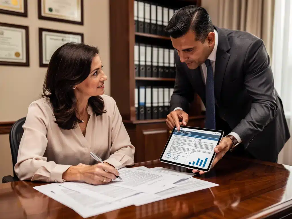 Financial advisor explaining estate planning details to a woman.