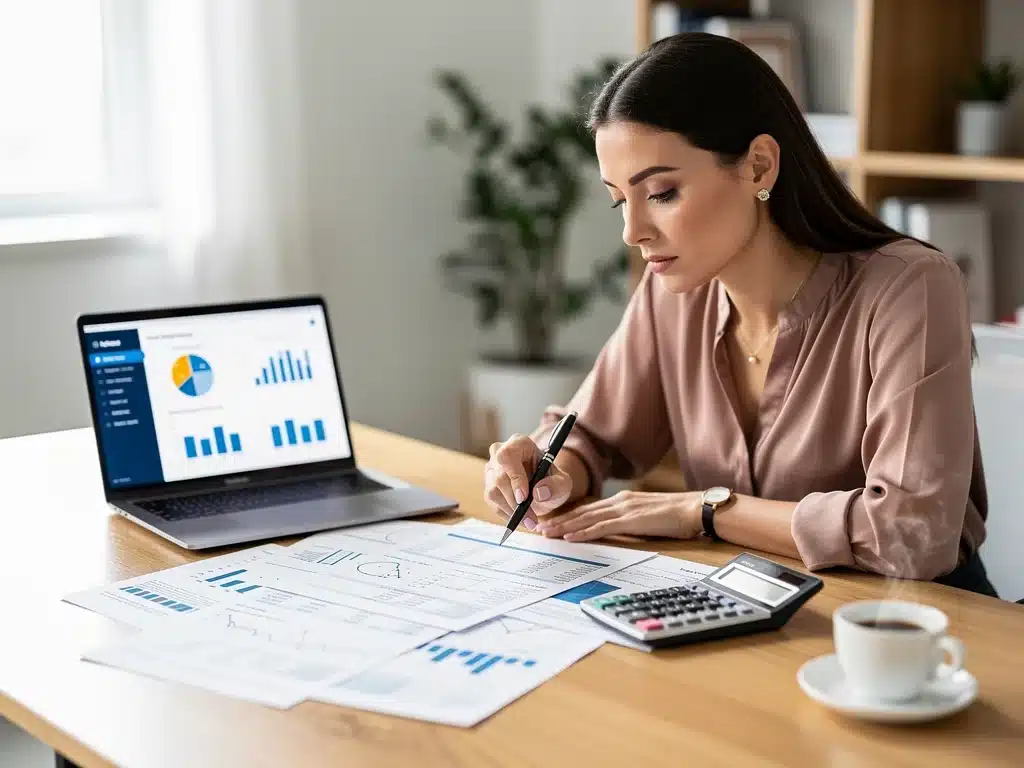 Woman comparing financial options and investment strategies.