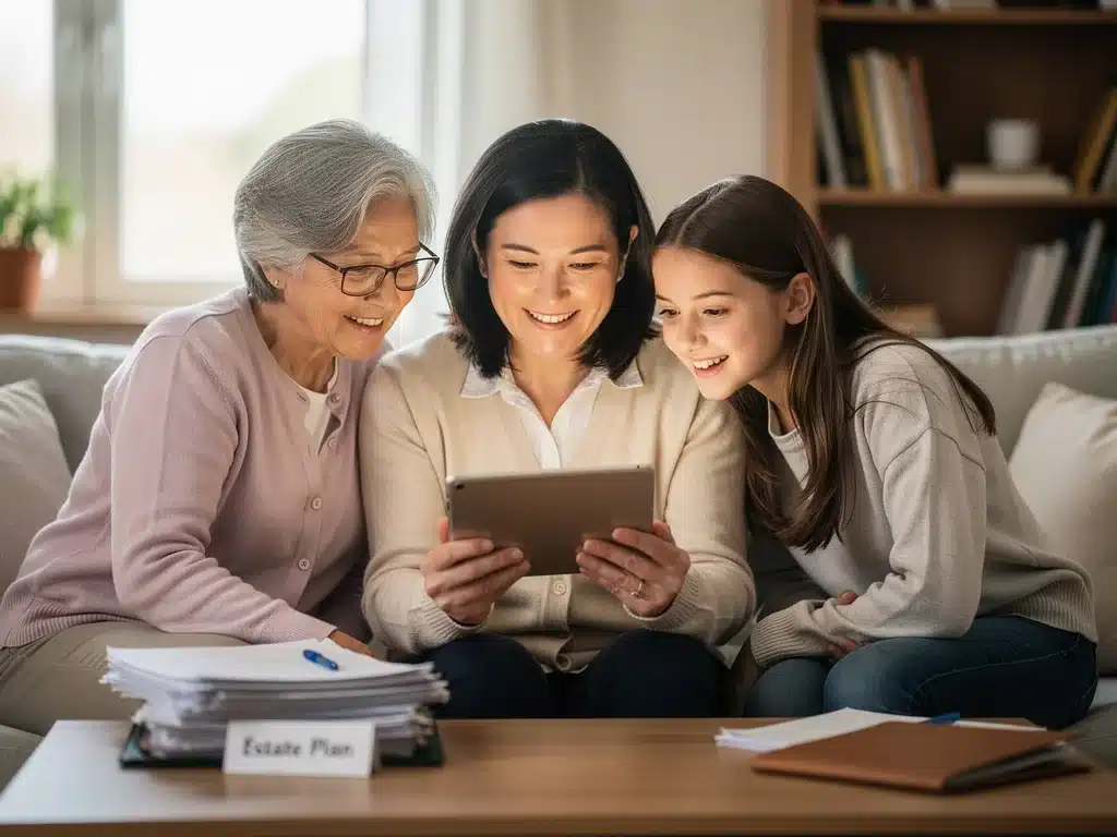 Multi-generational family discussing future plans and legacy.