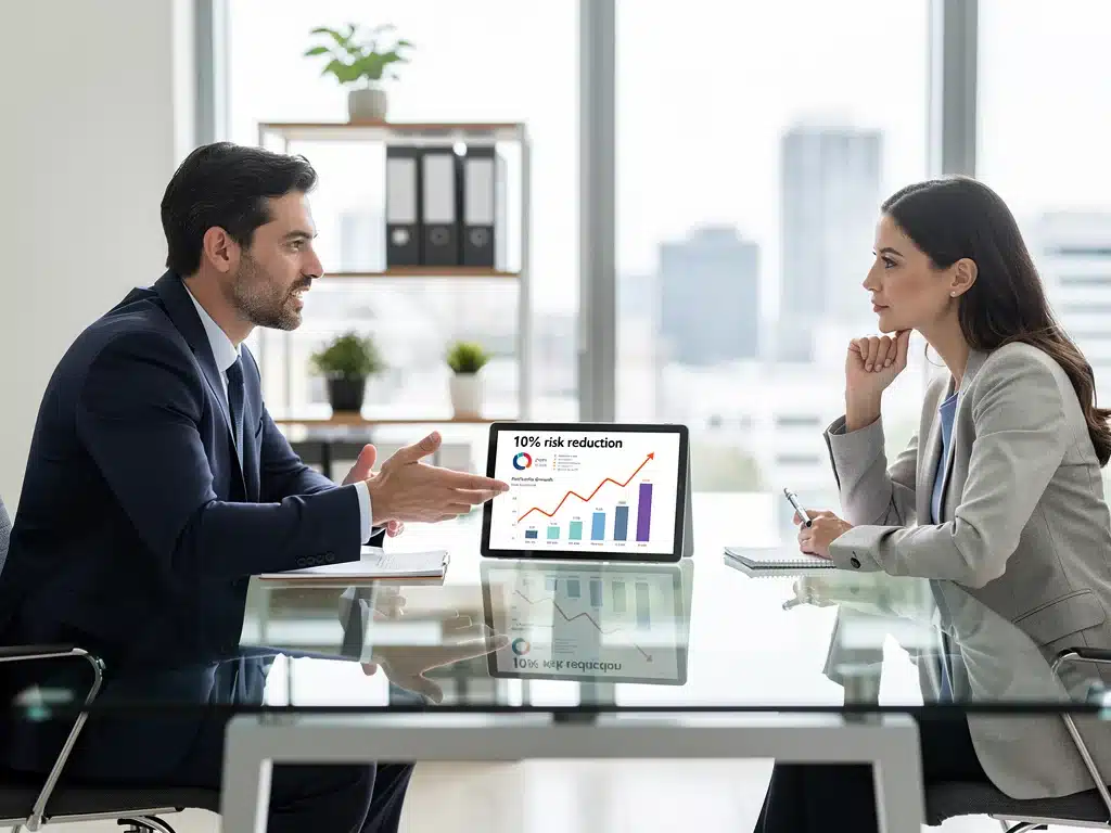Financial advisor and client reviewing a strategic investment plan for risk reduction.