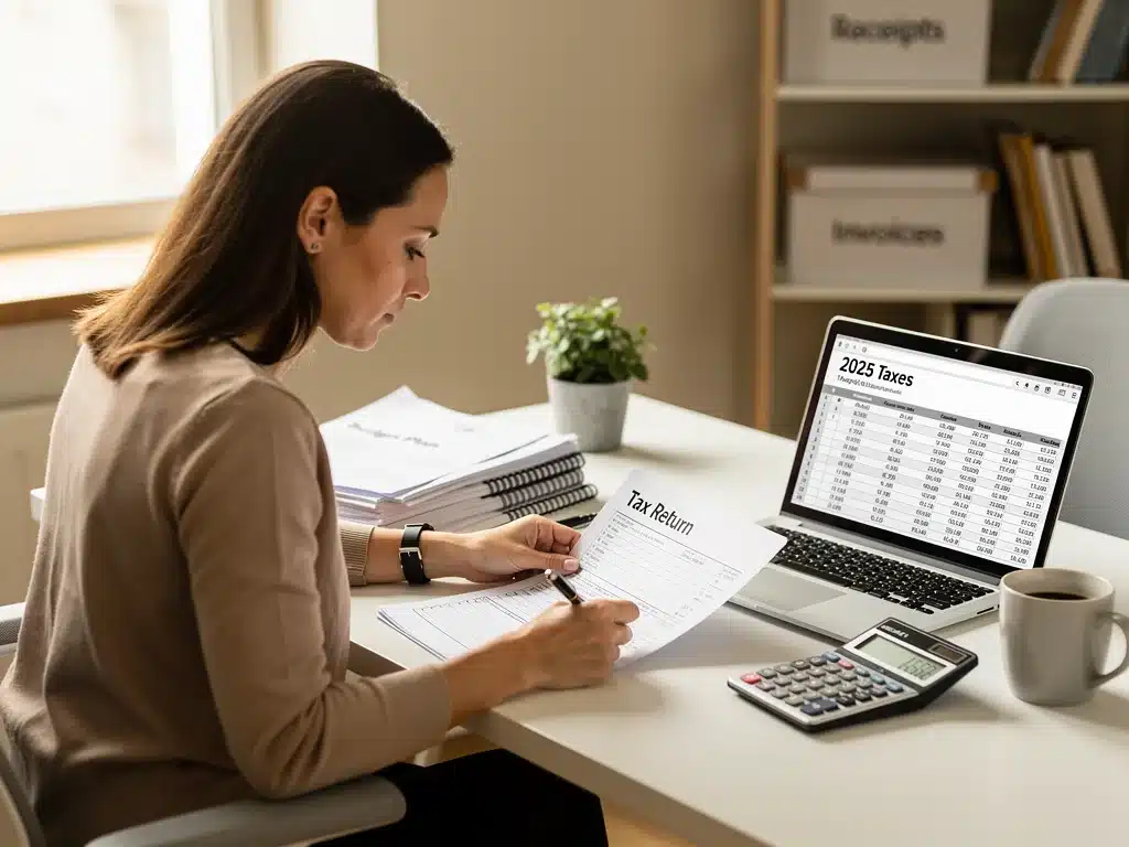 Woman reviewing tax documents for federal child care tax credits