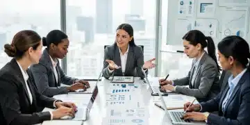 Women discussing estate planning documents in a modern office setting.
