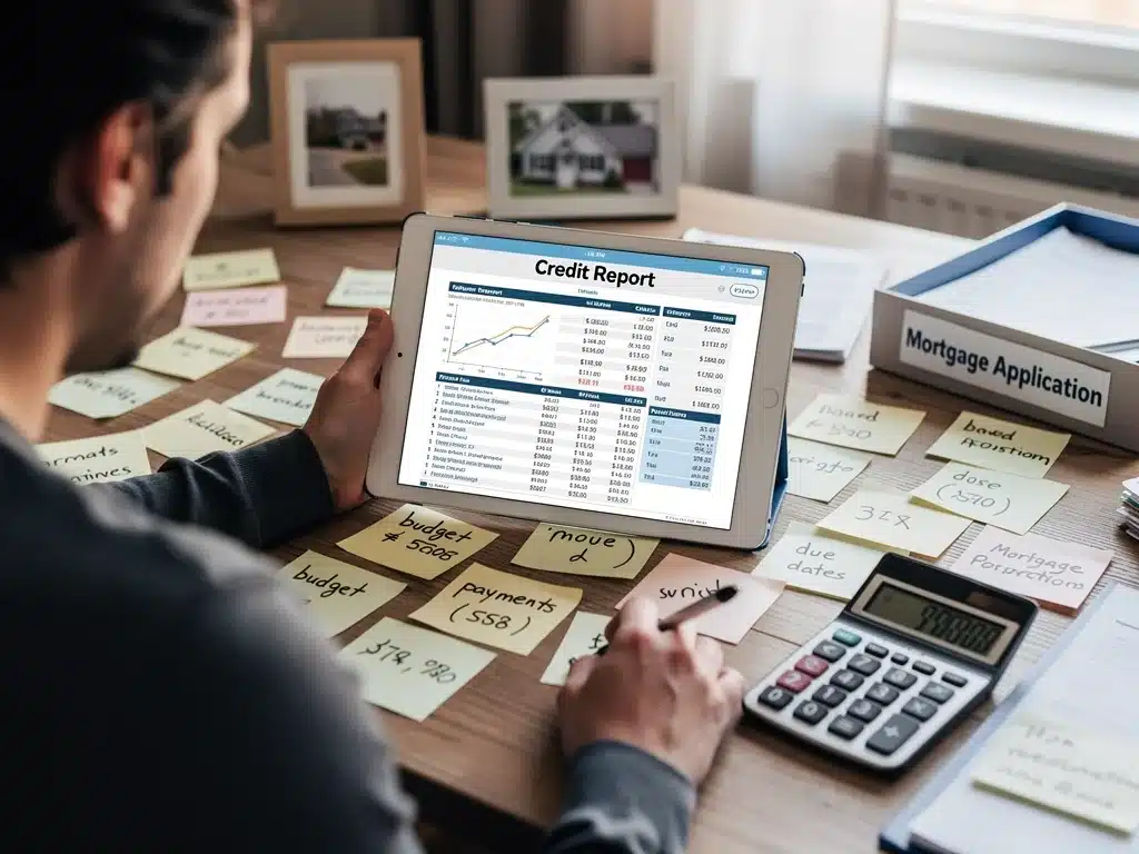 Person analyzing credit report for mortgage improvement