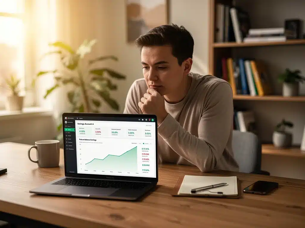 Individual analyzing high-yield savings options on a laptop