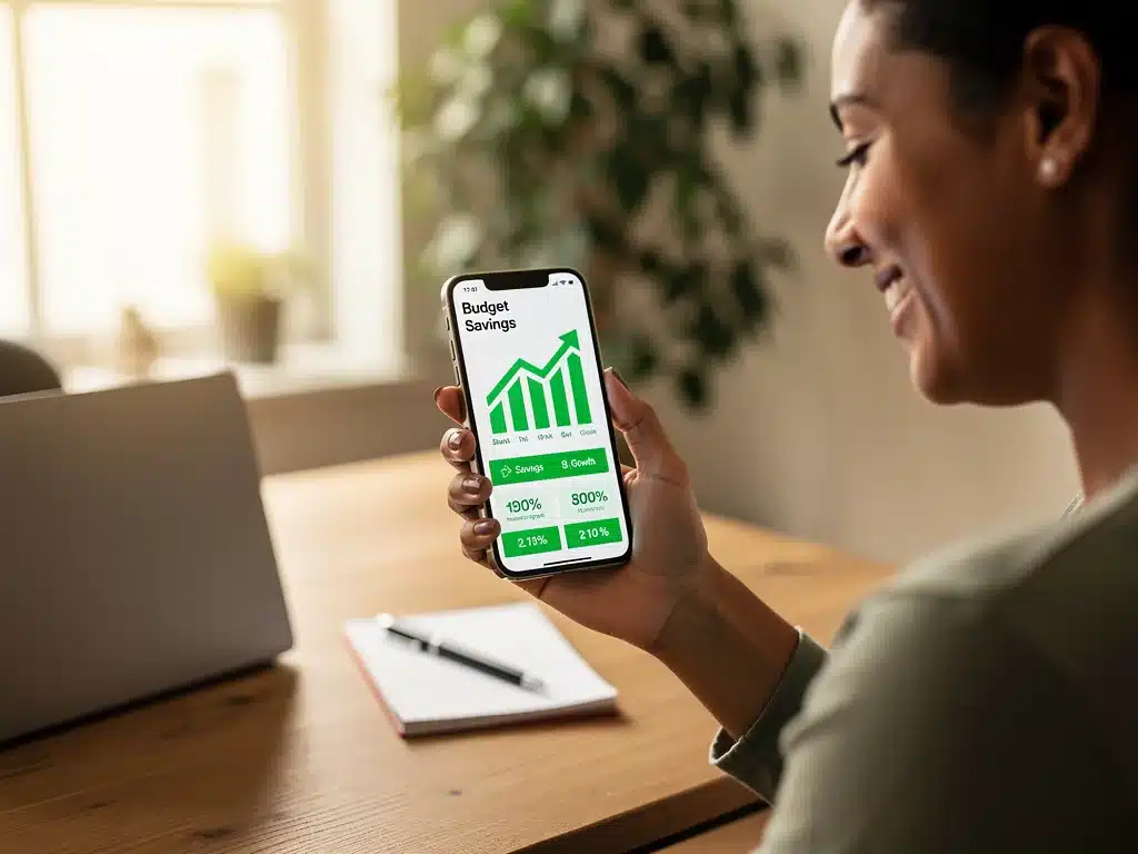 Person reviewing household spending and savings using a digital budgeting tool.