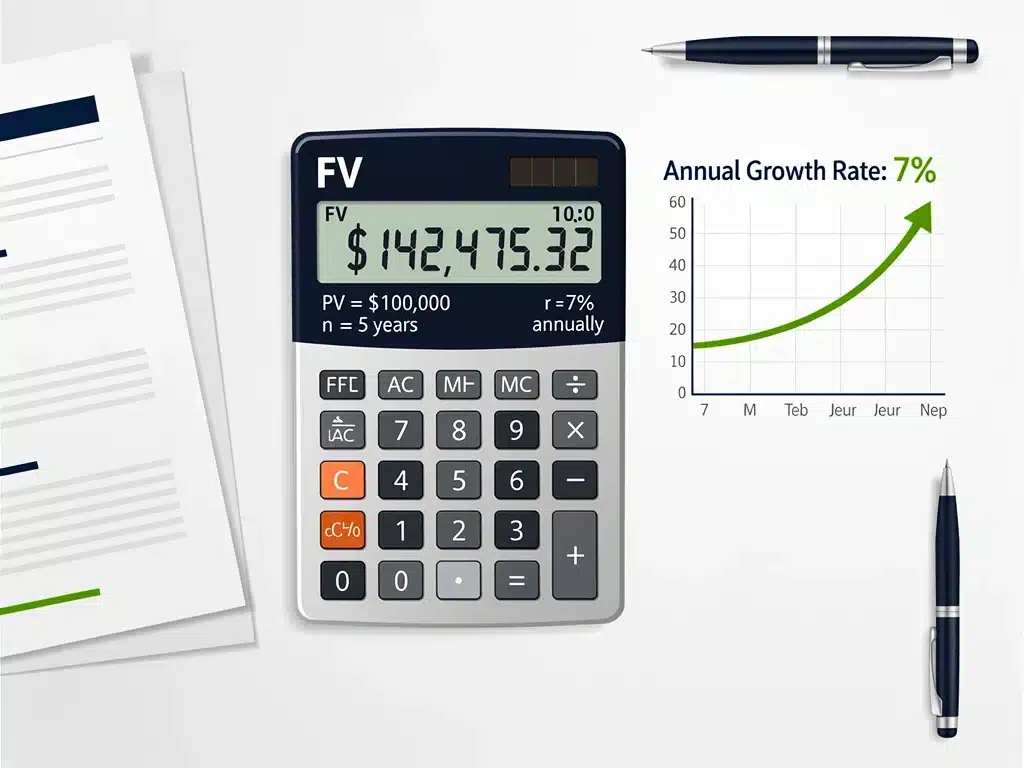 Financial calculator showing future value with 7% annual return