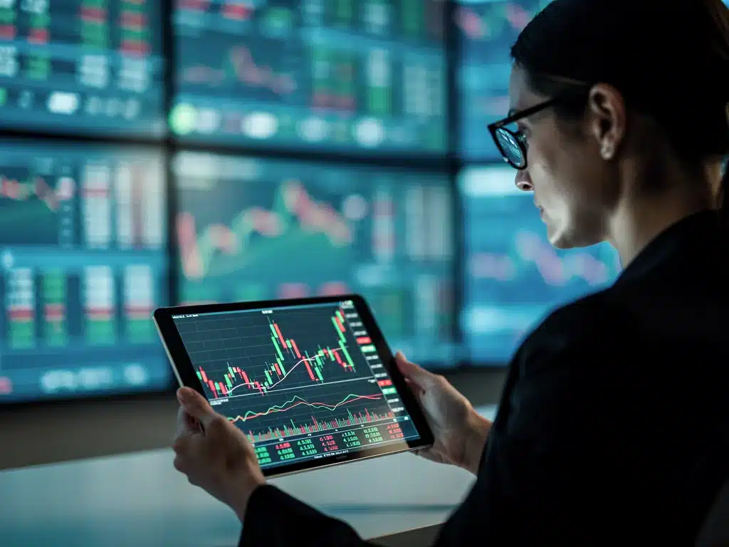 Woman analyzing stock market data for high-growth sector investments.